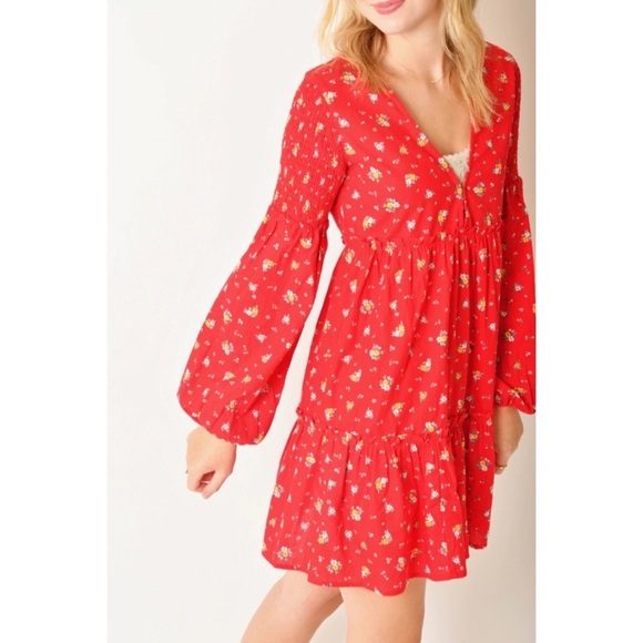 Billabong x Wrangler Falling for You Floral V-Neck Red Long Sleeve Mini Dress - Picture 13 of 16